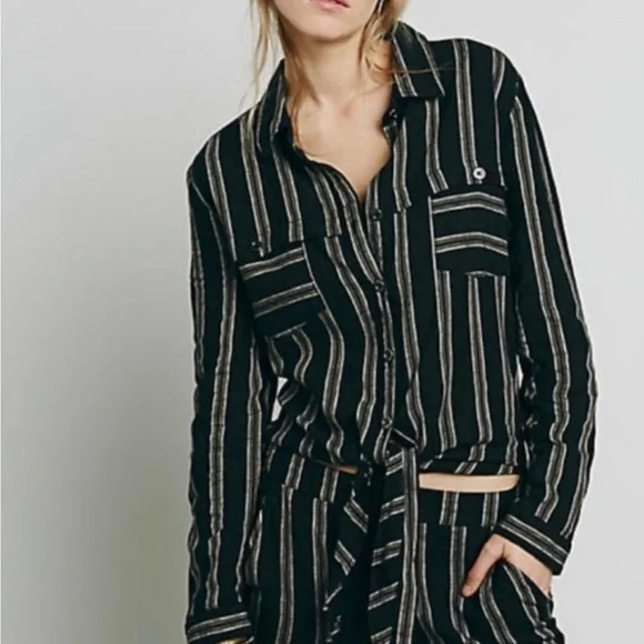 Free People Gray Brown Striped Sensual Wrapped Jumpsuit - Picture 3 of 9